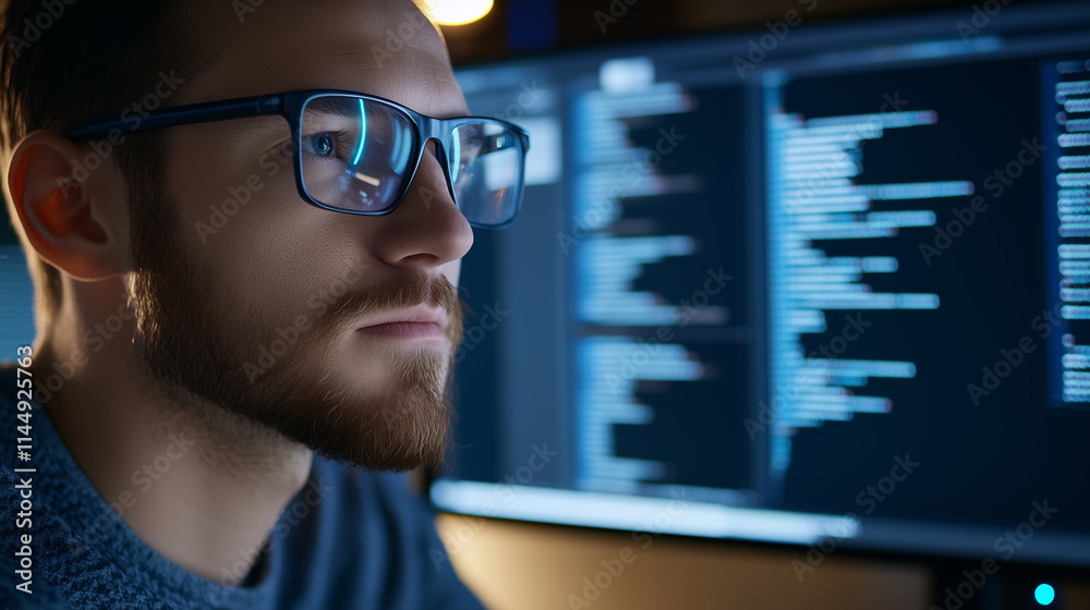Poster focused software developer coding at night in a dimly lit workspace with multiple screens