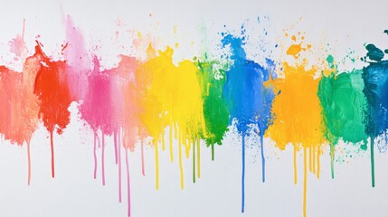 Fototapeta premium Colorful Paint Drips in Vibrant Rainbow Pattern on White Canvas