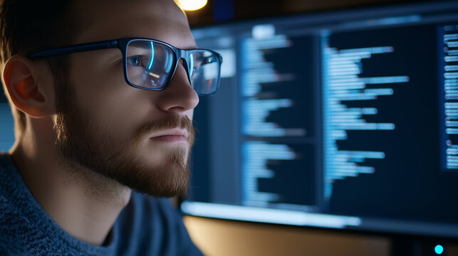 Focused software developer coding at night in a dimly lit workspace with multiple screens