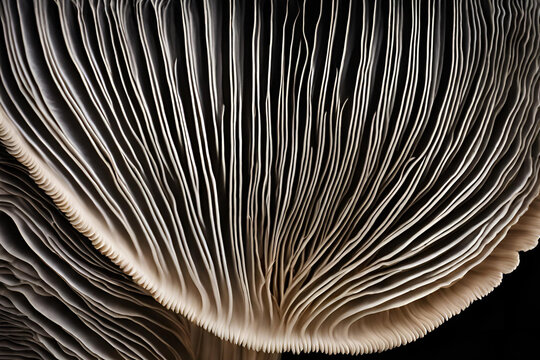 Close-up of moist mushroom gills with fine, parallel lines, illuminated by soft light, set against a dark background.
