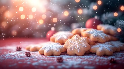 A festive arrangement of holiday cookies with powdered sugar decorations on a red background