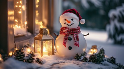 Cozy Christmas Scene Featuring a Smiling Snowman - Made with Generative AI