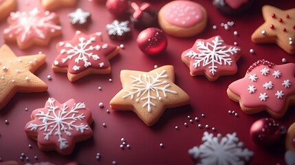 A display of assorted holiday cookies including stars and snowflakes with sprinkles on a red surface