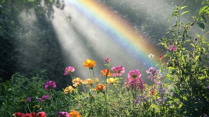 Obraz premium Vibrant Sunshine Through Flowers and Rainbow in Nature's Splendor
