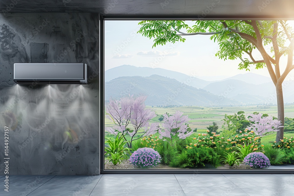 Poster air conditioner mounted on wall in modern environment with open window revealing scenic garden views