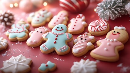 A selection of cookies in festive holiday shapes like gingerbread men and candy canes on a red backdrop