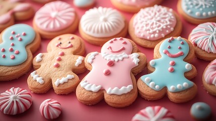 A selection of cookies in festive holiday shapes like gingerbread men and candy canes on a red backdrop