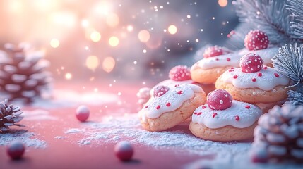 A festive display of homemade cookies with powdered sugar and icing decorations on a red table