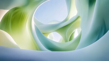 Abstract Fluid Shapes in Soft Green and Blue Tones, Modern Art Inspiration Showcasing Organic Forms with Ethereal Light and Graceful Curves