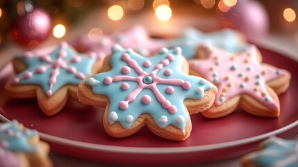 A plate of decorated holiday cookies shaped like snowflakes and stars with colorful icing on a red backdrop