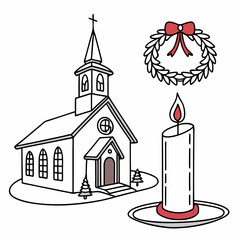 Christmas tree and church with candle decoration vector art on a white background 