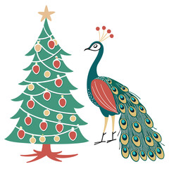 peacock with feathers and Christmas tree cartoon character vector art for Christmas Day on a white background
