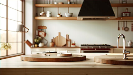 Minimalist wooden kitchen island with cutting board and copy space in minimalist scandinavian kitchen. 3d render,