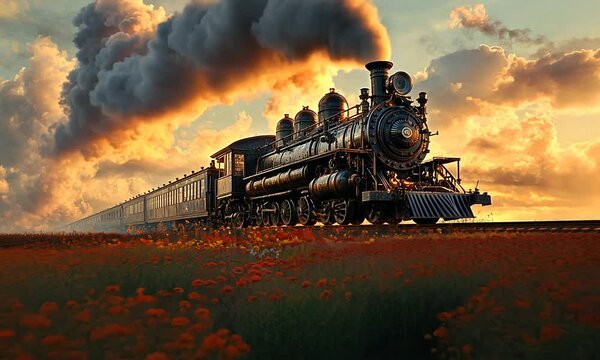 A vintage steam train chugs through a vibrant field of flowers at sunset.