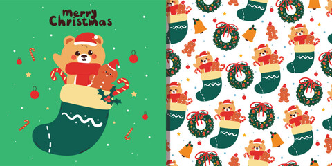 card and pattern cartoon bear and gingerbread inside a sock and christmas wreath. cute cartoon for christmas card