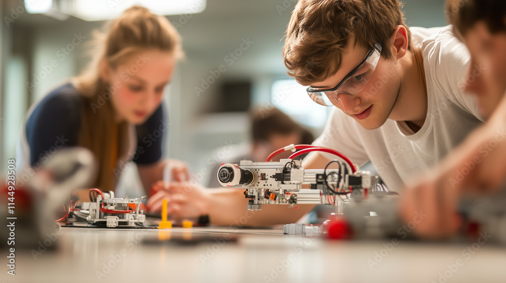 Poster students engaged in robotics project work in a modern classroom setting during a technology workshop