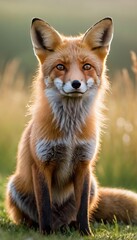 Fototapeta premium A majestic red fox sitting gracefully on a sunlit meadow, its vibrant fur glowing in the warm golden light of sunset, with a serene natural background
