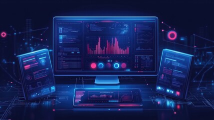 Obraz premium AI Computer: Futuristic Digital Interface with Code and Data Visualization