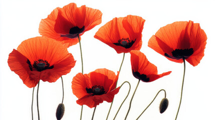 Naklejka premium A crisp depiction of vivid red poppy flowers with black centers, gracefully arched stems, and fine details in the petals and leaves. The bold colors pop distinctly against the pure white background, c