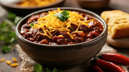 Delicious Chili With Cheese Garnish In Rustic Bowl Setting