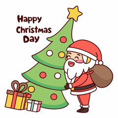 Santa Claus with Christmas tree and gifts cartoon character vector art for Christmas day on a white background 
