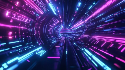 Futuristic Digital Tunnel with Neon Lights in Vibrant Colors
