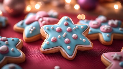 A selection of decorated holiday cookies arranged in a star shape on a red tablecloth