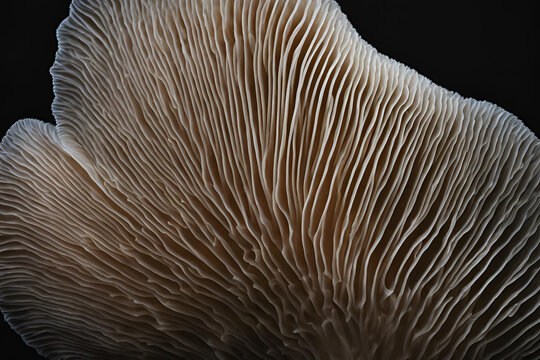 Close-up of moist mushroom gills with fine, parallel lines, illuminated by soft light, set against a dark background.
