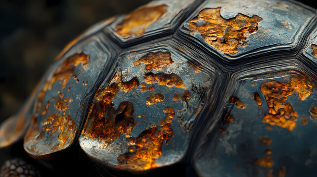 A close-up photo of a tortoise's shell with apparent rust spots on its exterior surface. Carapace. Illustration