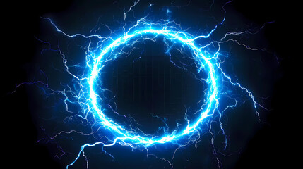 circular burst of bue lightning against a black background. lightning technology	

