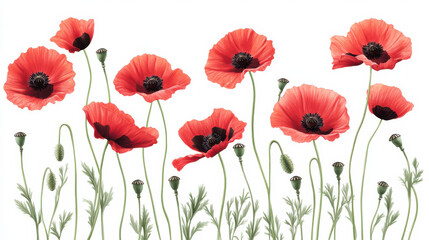 Obraz premium A crisp depiction of vivid red poppy flowers with black centers, gracefully arched stems, and fine details in the petals and leaves. The bold colors pop distinctly against the pure white background, c