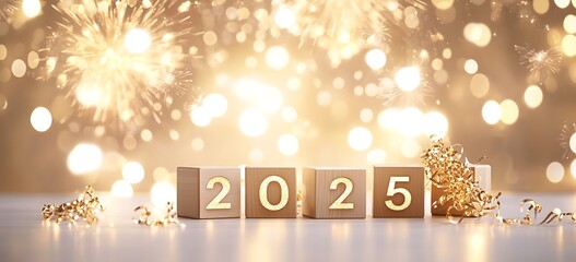 A banner with golden fireworks in the background and four wooden cubes displaying "2025" against an 