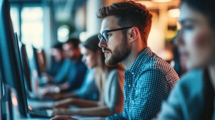 Young Man Working on Laptop in Office