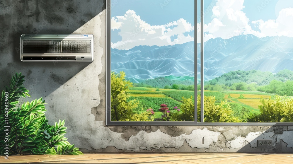 Poster Air conditioner installed on wall beside large window with scenic view of mountains and fields during daylight hours. Generative AI