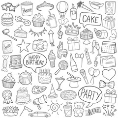 Bundle Happy Birthday Party Traditional Doodle Icons Sketch Hand Made Design Vector.