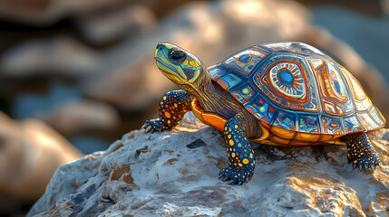 Obraz premium A vibrant, patterned turtle perched atop a weathered rock, its shell reflecting the ambient light, revealing a captivating mosaic of colors and textures. Carapace. Illustration