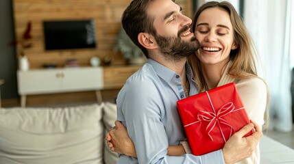 Happy young woman giving a gift to her husband at home. The happy couple is hugging and kissing, creating a Valentine's Day concept in a home background