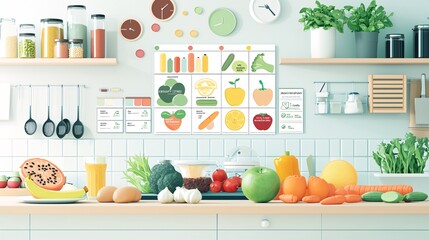 A vibrant kitchen scene showcasing an array of fresh fruits and vegetables on a clean counter, complemented by a colorful food guide promoting healthy eating habits.