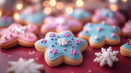 A variety of Christmas cookies decorated with icing and colorful sprinkles displayed on a red table