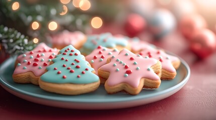 A plate of holiday cookies with red and green icing in festive shapes on a red backdrop