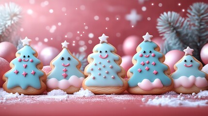 Fototapeta premium A festive display of cookies shaped like Christmas trees and stars on a red background