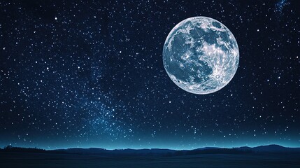 A clear night sky filled with stars over a serene countryside landscape, with distant mountains in the background