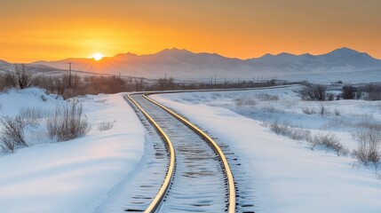 Obraz premium Serene Winter Sunset Over Snow-Covered Railroad Tracks in Mountains