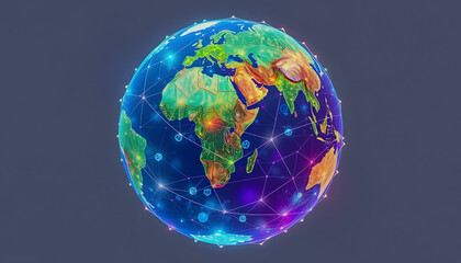 Fototapeta premium The 3d rendered earth is wrapped in a polygonal sphere linked by dots and lines, Colored gel lighting, with white tones