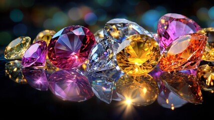 Sparkling Colorful Gems Reflection on Dark Surface With Bokeh Effect