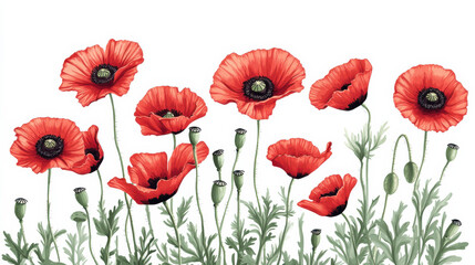 Fototapeta premium A crisp depiction of vivid red poppy flowers with black centers, gracefully arched stems, and fine details in the petals and leaves. The bold colors pop distinctly against the pure white background, c