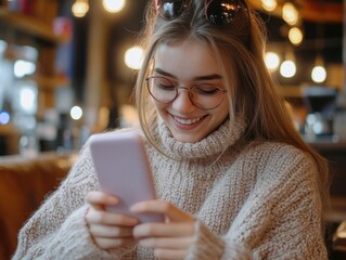 Woman using phone at cafe