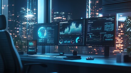 Obraz premium Ai Computer city monitoring and analytics workstation with data visualizations