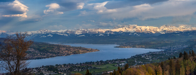 Panoramic view of Zurich lake and the snow-capped Swiss Alps from the top of Uetliberg mountain at sunset time