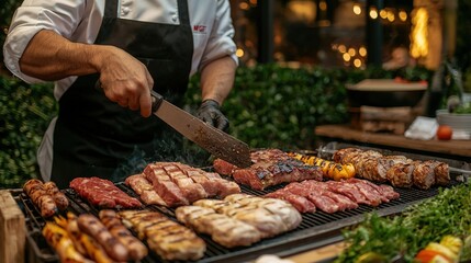 A chef expertly grilling meats and vegetables at an outdoor barbecue